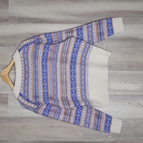 J Crew Womens Large Lambs‎ Wool Blend Fair Isle Johnny Collar Blue Ivory Sweater - Picture 2 of 7